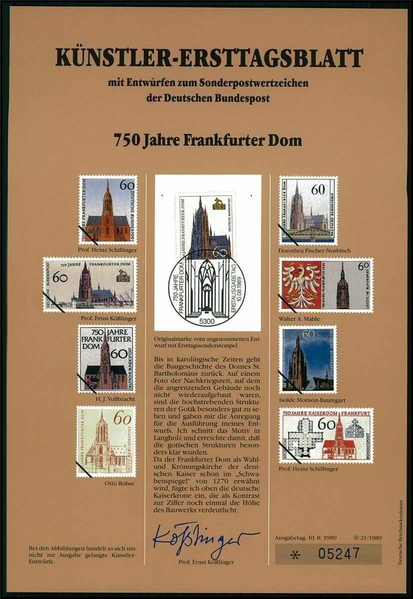 Germany Art-sheet 1989/21 Frankfurt/main Frankfurter Dom Unissued Drafts!!